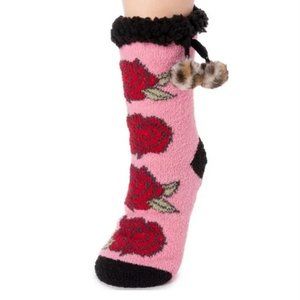BETSEY JOHNSON Rose Leopard Pom-Pom Fuzzy Thick Warm Winter Grip Slipper Socks L